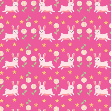 Şenlikli bahar tasarımları için sevimli Paskalya tavşanı ve çiçek deseni.