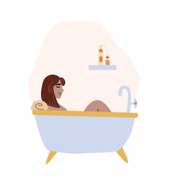 Kişisel bakım kavramı kadın küvette dinleniyor, kendini sevmeyi ve sükuneti kucaklıyor..