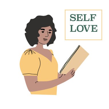 Self love concept with woman reading for personal growth and wellbeing. clipart