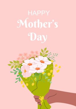 Pembe arka planda çiçek buketi olan mutlu anneler günü kartı..