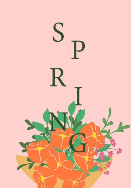 Pastel pembe arka planda canlı turuncu çiçekli bahar buketi.