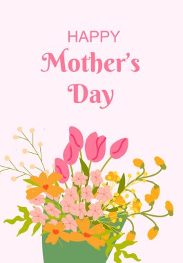 Renkli çiçek buketi ve pastel arka planda pembe lalelerle mutlu anneler günü kartı..