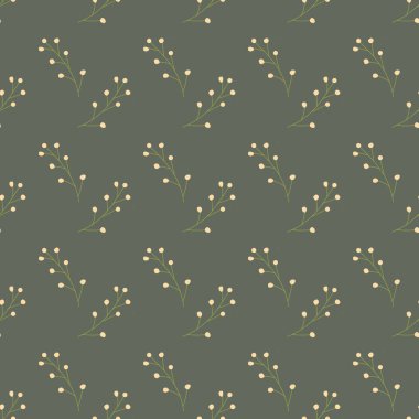 Zeytin yeşili arka planda minimalist çiçek deseni ve ince sarı aksanlar..