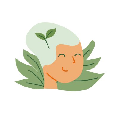 Yaprak motifli ve yumuşak renklerle çevre dostu minimalist sanat portresi.