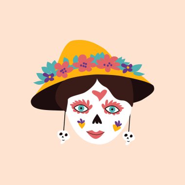 Meksika Ölüm Günü çiçekli kafatası maskesi. Afişler ve posterler için. Dia de los muertos geleneksel festival unsuru. Meksika Cadılar Bayramı sanatında şapkalı ve çiçekli bir kadın..