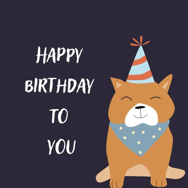 Sevimli evcil hayvanla doğum günün kutlu olsun. Hayvanlı çocuksu tasarım. Parti şapkalı el çizimi köpek..