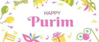 Purim kutlama tasarımı. Pankart ya da tebrik kartı. Geleneksel festival için renkli Purim kutlamaları.