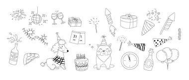 Mutlu yeni yıl karalama etkinlikleri. Kutlama tasarımı. Şampanya seti, hediye kutusu, takvim, pizza, pasta, köpekler, konfeti, kestane fişeği, saat, gözlük, parti şapkası..