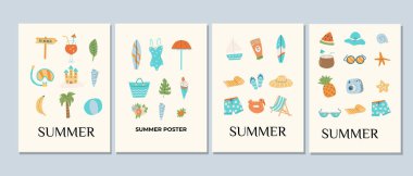Soyut modern yaz tatili posterleri. Seyahat ve sahil yolculuğu elementleri düz stil. Minimum tasarım. Kapak ya da afiş şablonu ile dondurma, ayrıl, hindistan cevizi, şapka, yaz atmosferi arka planı.