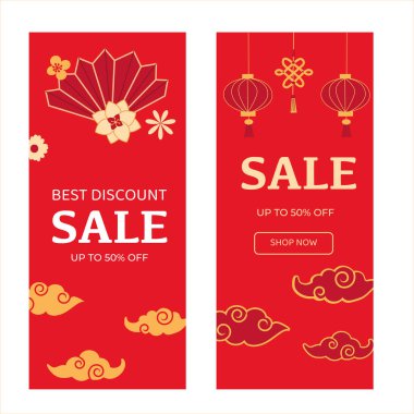 Mevsimsel indirimler için Asya 'dan esinlenilmiş tasarım unsurları içeren zarif kırmızı indirimli afişler..