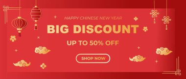 Kırmızı arka planda Çin Yeni Yıl Satışı promosyon tasarımı. Ay tebrik kartı ve indirimli pankart yatay biçimdedir.
