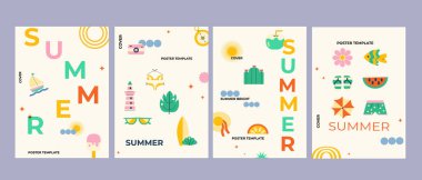 Soyut modern yaz tatili posterleri. Seyahat ve sahil yolculuğu elementleri düz stil. Minimum tasarım. Kapak ya da afiş şablonu ile dondurma, ayrıl, hindistan cevizi, şapka, yaz atmosferi arka planı.
