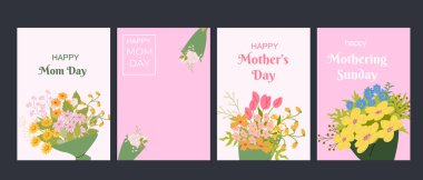 Anneler Günü kartlarını çiçeklerle kutluyor. Anneler Günü 'nü ve annelik günlerini kutluyorlar..