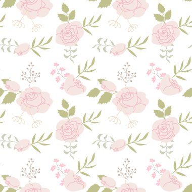 Beyaz arka planda pembe güller ve yeşil yapraklarla zarif bir çiçek deseni..