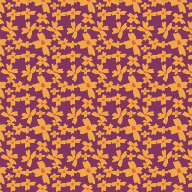 Mor arka planda sarı ve turuncu çiçekli renkli çiçek deseni.