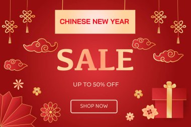 Çin Yeni Yılı için bayrak satışı. Gerçekçi vektör kağıdı, doğulu çiçeklerin resimlerini, kırmızı arkaplandaki bulutları kesiyor. Yıldızlı, çiçekli, fenerli ve şans sembollü Asya Yılı şablonu.