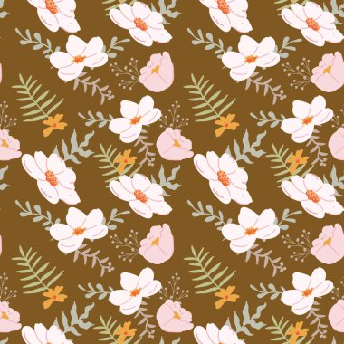 Pembe çiçekli ve kahverengi arkaplanda yeşil yapraklı kusursuz çiçek deseni..