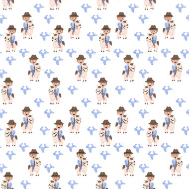 Çocuk tasarımı için şirin at ve çiçek motifli çocuksu kovboy desenleri..