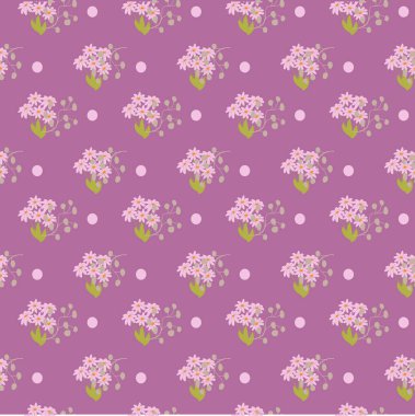 Çiçek desenli pembe çiçekler ve lavanta arkaplanındaki benekler..