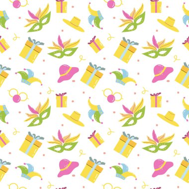 Karnaval maskeleri, hediyeleri, şapkaları ve balonları olan renkli şenlik desenleri.