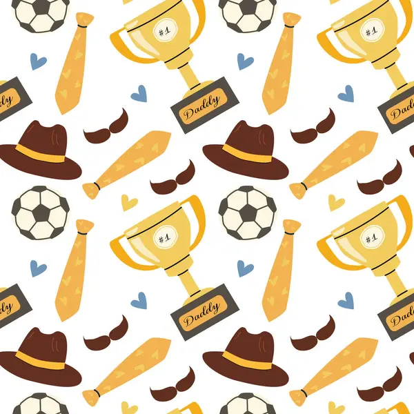 Babalar Günü kutlama şablonu. Kupalar, futbol topları, kravatlar ve tebrik kartı tasarımı için şapkalar..
