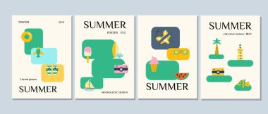 Soyut modern yaz tatili posterleri. Seyahat ve sahil yolculuğu elementleri düz stil. Minimum tasarım. Kapak ya da afiş şablonu ile dondurma, ayrıl, hindistan cevizi, şapka, yaz atmosferi arka planı.
