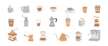 Kahve severler, ekipmanlar ve içki elementleri için çıkartmalar. Fransız presi, kahve makinesi, makine, bardak, bardak, süt demliği, çaydanlık. Menü için kahve koleksiyonu, kahve dükkanı. El çizimi modern vektör.