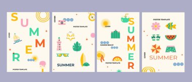 Soyut modern yaz tatili posterleri. Seyahat ve sahil yolculuğu elementleri düz stil. Minimum tasarım. Kapak ya da afiş şablonu ile dondurma, ayrıl, hindistan cevizi, şapka, yaz atmosferi arka planı.