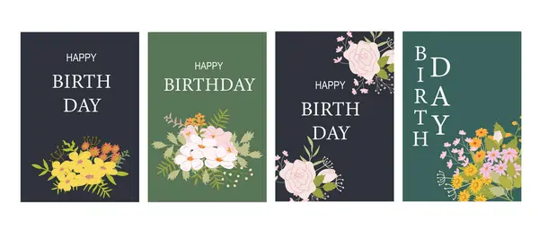 Renkli buketler ve güllerle süslenmiş zarif çiçek doğum günü kartları..