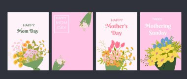 Anneler Günü kartlarını çiçeklerle kutluyor. Anneler Günü 'nü ve annelik günlerini kutluyorlar..