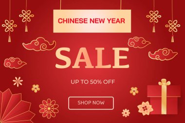 Çin Yeni Yılı için bayrak satışı. Gerçekçi vektör kağıdı, doğulu çiçeklerin resimlerini, kırmızı arkaplandaki bulutları kesiyor. Yıldızlı, çiçekli, fenerli ve şans sembollü Asya Yılı şablonu.
