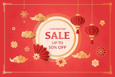 Çin Yeni Yılı soyut modern indirimli promosyon tasarımı kırmızı arka planda. Yatay biçiminde indirimli pankartı olan ay tebrik kartı.