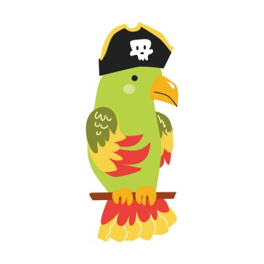 Ahşap sopaya konmuş şapkalı renkli korsan papağanı..