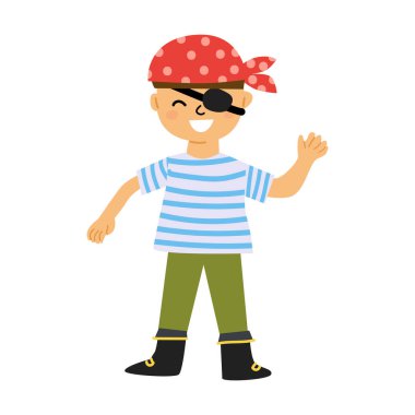 Gülen korsan çocuk göz bandı ve kırmızı bandana sallıyor..