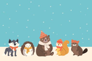 Kışın karlı gökyüzünün altında şirin orman hayvanları Noel kartı tasarımı için..