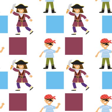 Çizgi film korsanları, erkek ve kız karakterler kostümler ve parlak kareler içinde..