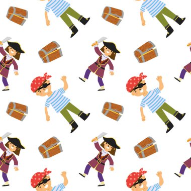 Renkli korsan desenli hazine sandıkları ve komik giyinen çizgi film karakterleri..