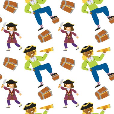 Çeşitli karakter ve hazine sandıkları olan karikatür korsanları macera deseni..