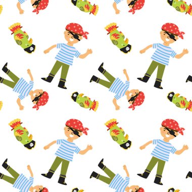 Beyaz arka planda kusursuz korsan çocuklar ve yeşil korsan kafaları..