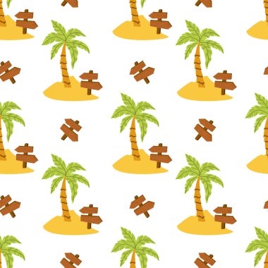 Çizgi film palmiye ağaçları ve ıssız adalarda ahşap tabelalar..