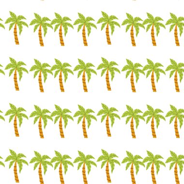 Beyaz arkaplanda tekrarlanan tropikal dizaynlı kusursuz palmiye ağacı deseni.