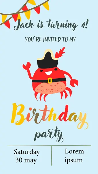 Çocuk partisi için renkli yengeç korsan doğum günü davetiyesi.