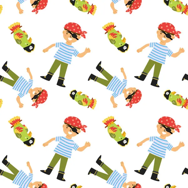 Beyaz arka planda kusursuz korsan çocuklar ve yeşil korsan kafaları..