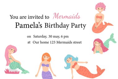 Denizkızı temalı doğum günü partisi davetiyesi Çizgi film denizkızlarıyla.