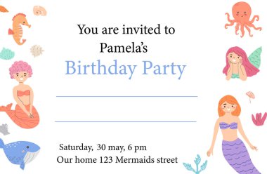 Deniz kızı temalı doğum günü partisi daveti renkli deniz canlıları.