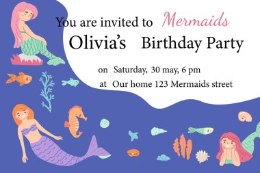 Deniz kızı temalı doğum günü partisi davetiyesi ve renkli sualtı sahnesi.