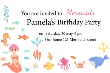 Deniz kızı temalı doğum günü davetiyesi ve sualtı çizgi film karakterleri..