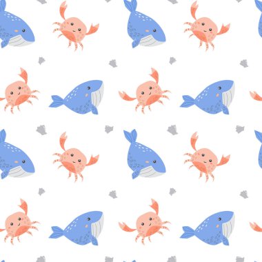 Mavi ve turuncu renkli deniz canlılarıyla şirin balina ve yengeç desenli..