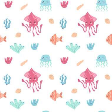 Beyaz arka planda mürekkep balığı, denizanası ve balık desenli şirin deniz canlıları..