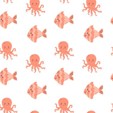 Gülümseyen ahtapot ve balıkların oluşturduğu sevimli deniz canlıları deseni..